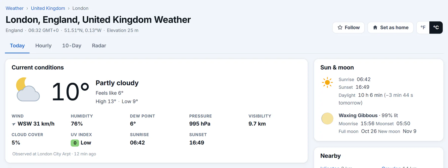 The top of a weather page for a place outside the United States, London, with the degrees button on C, temperatures in Celsius, a 24-hour clock and only four tabs: Today, Hourly, 10-Day and Radar